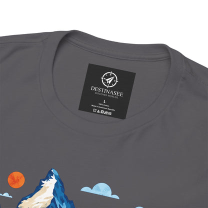 Charcoal gray T-shirt neckline with black brand label and partial mountain village print