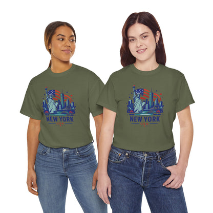 Olive green T-shirt with 'NEW YORK USA' Statue graphic, worn by two models.