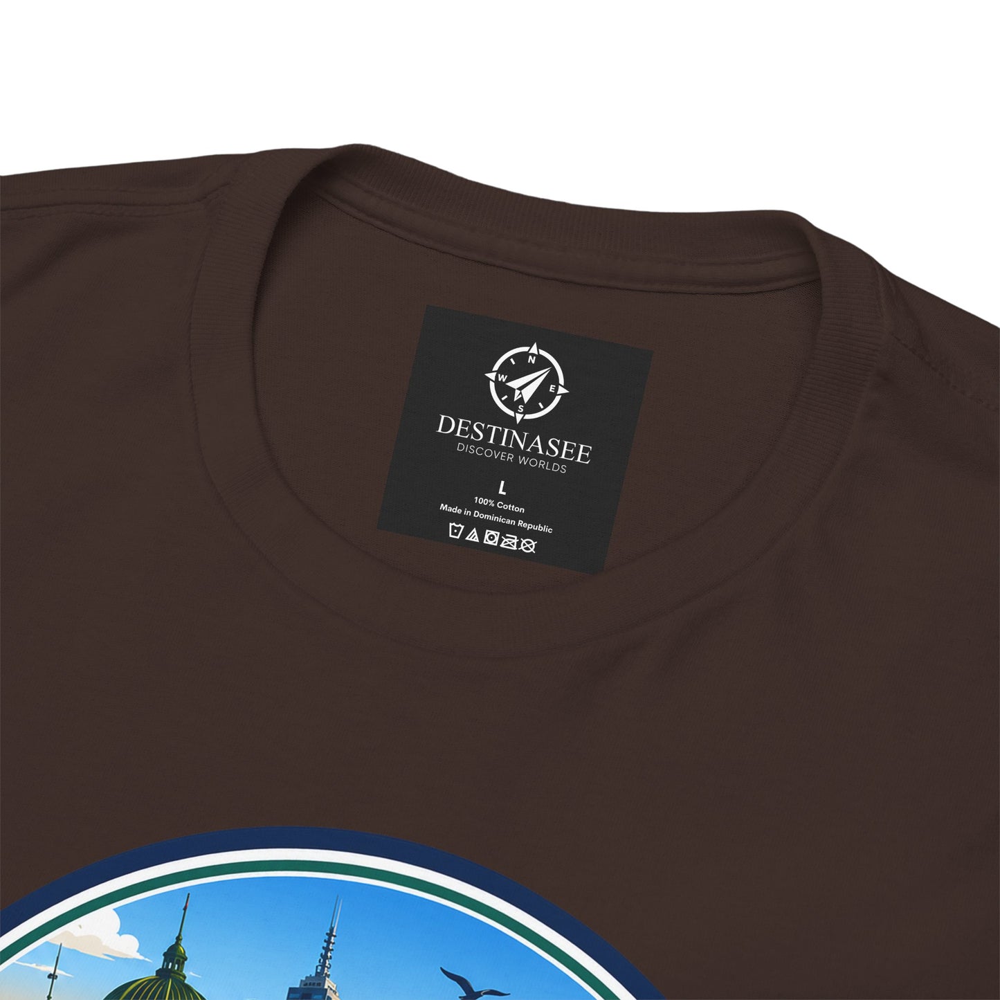 Dark brown crewneck travel tee with square brand tag and partial city graphic