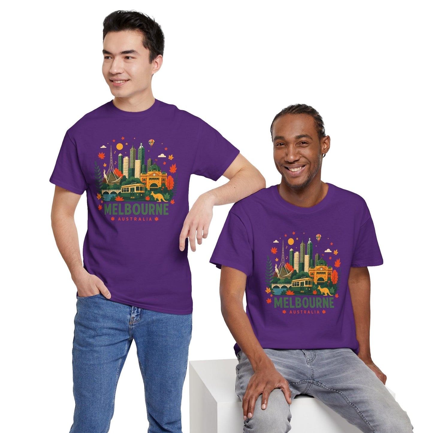 Purple Melbourne skyline graphic T-shirt on two models, front view