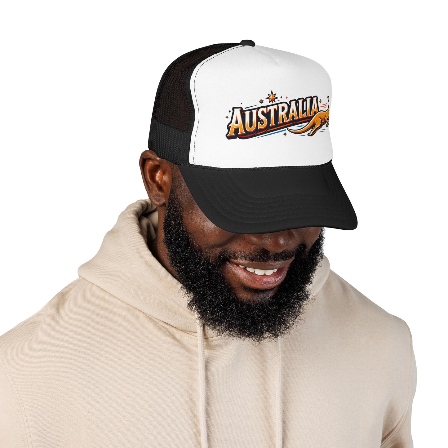 Black and white trucker hat with AUSTRALIA kangaroo logo patch, front view