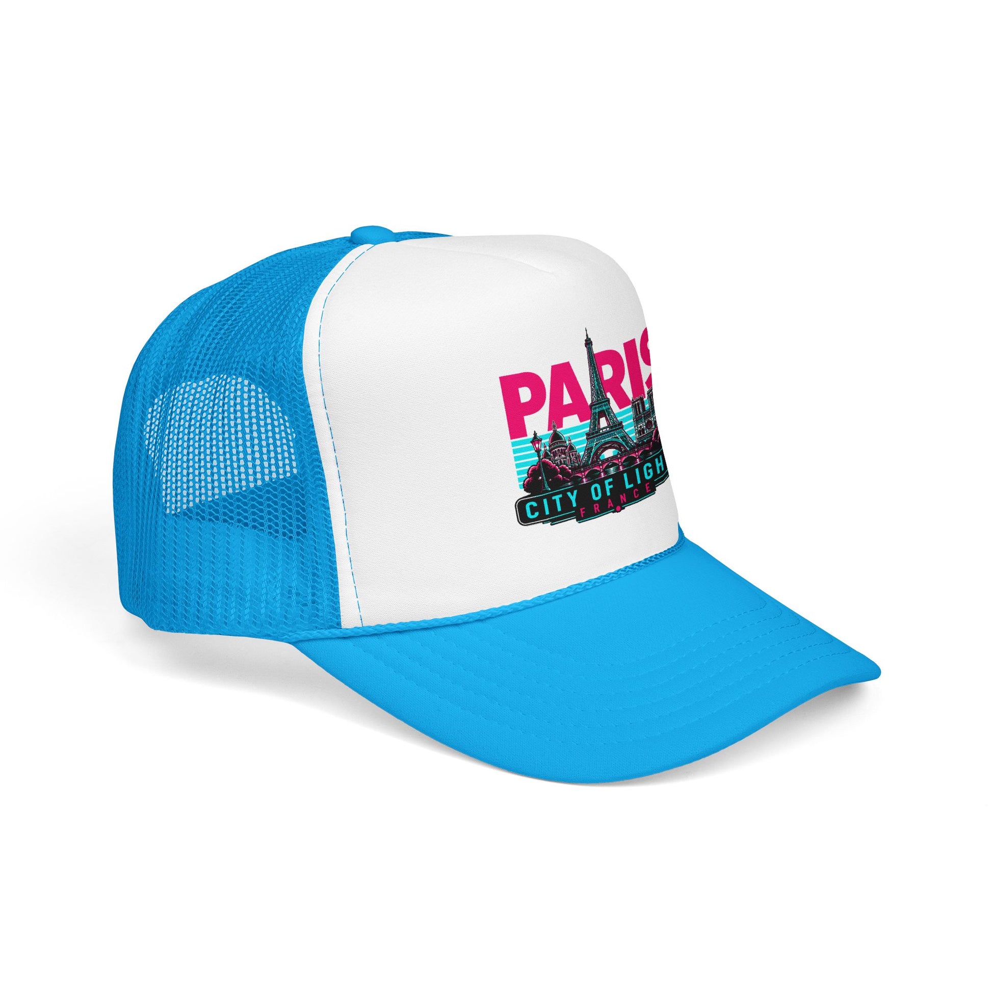 Blue and white trucker hat with blue mesh back; Paris City of Lights front graphic
