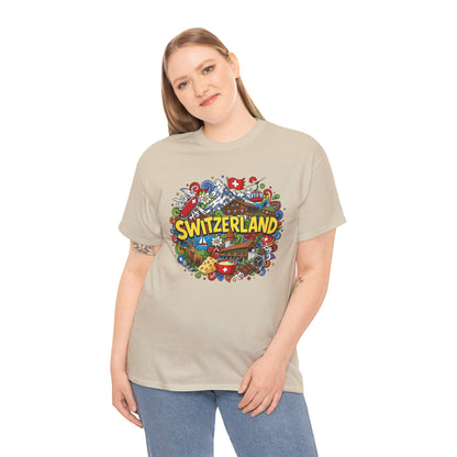 Natural crew-neck T-shirt with colorful Switzerland graphic on chest