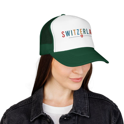 Two-tone trucker cap with green mesh sides and white front, curved brim, SWITZERLAND