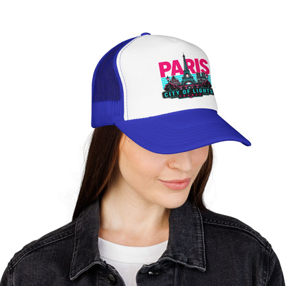 White front trucker hat with royal blue mesh and “PARIS City of Lights” front print