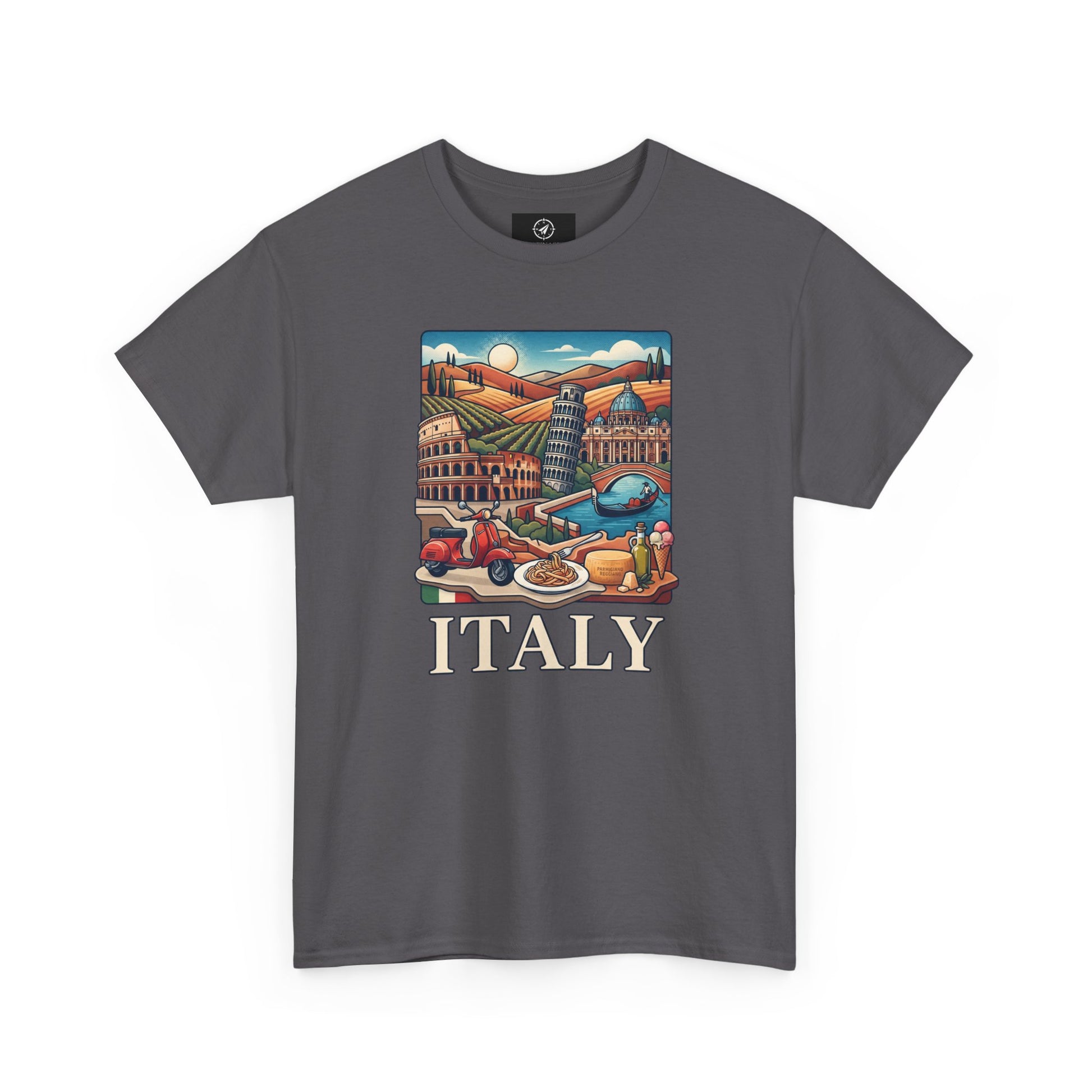 Charcoal T-shirt with vintage Italy scenic graphic and 'ITALY' text