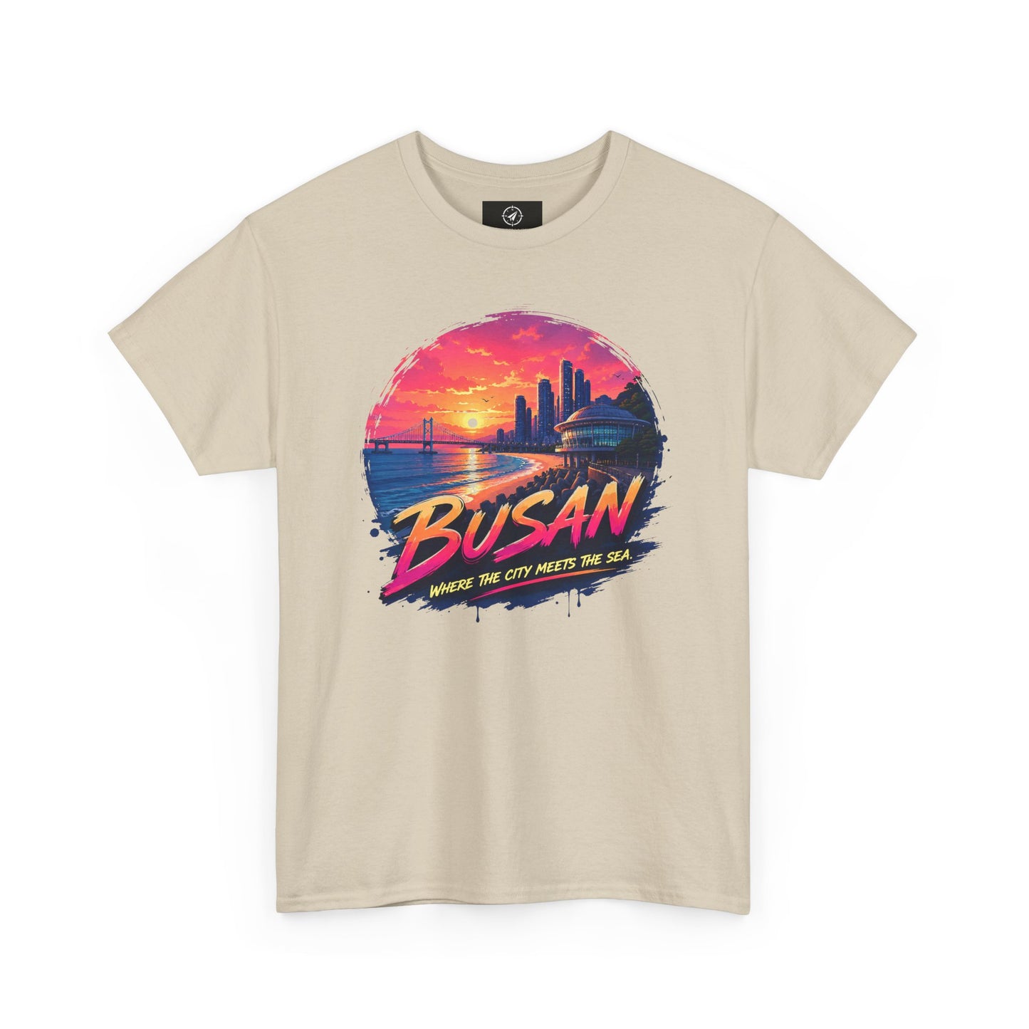 Sand beige crew-neck T-shirt with Busan sunset city graphic on front