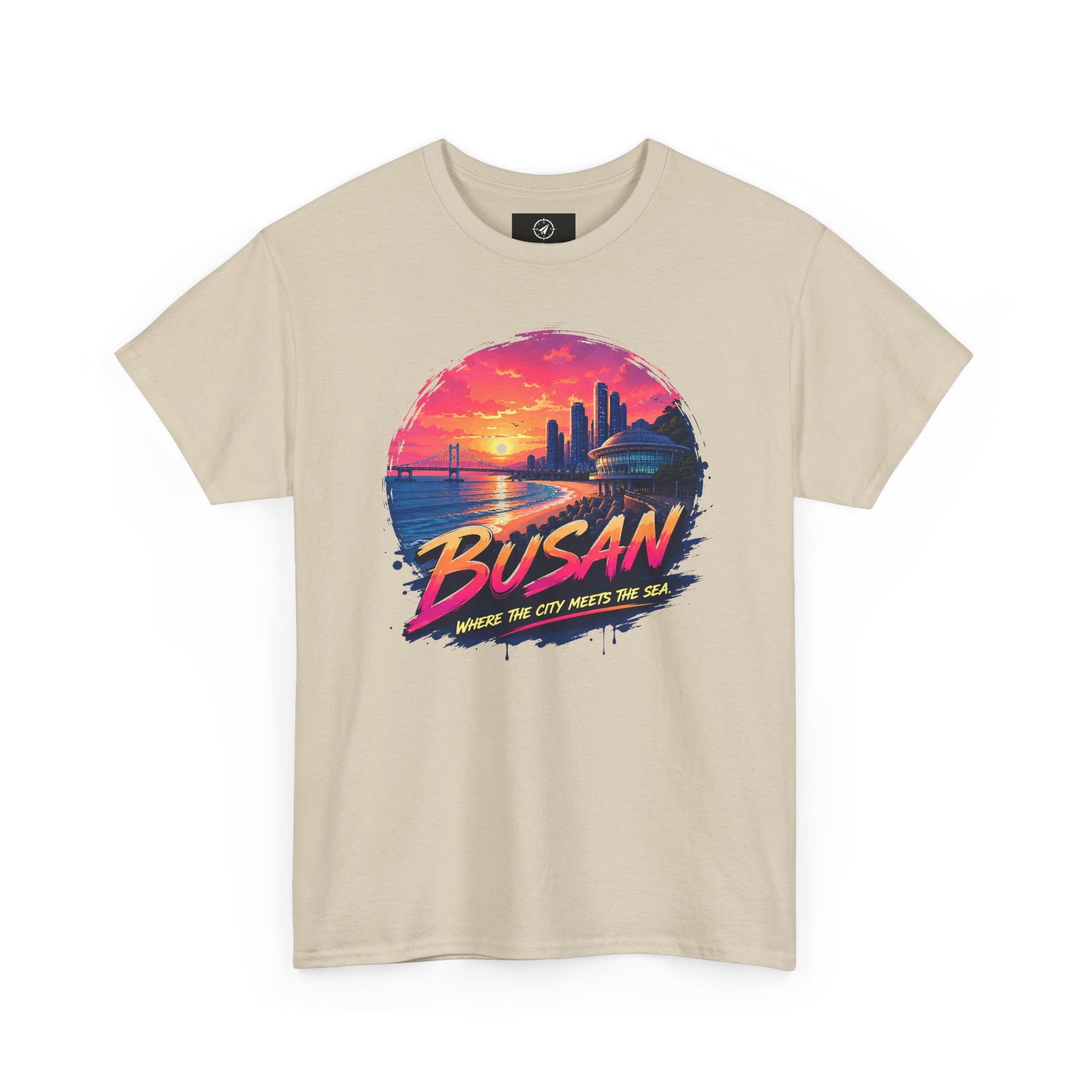 Sand beige crew-neck T-shirt with Busan sunset city graphic on front