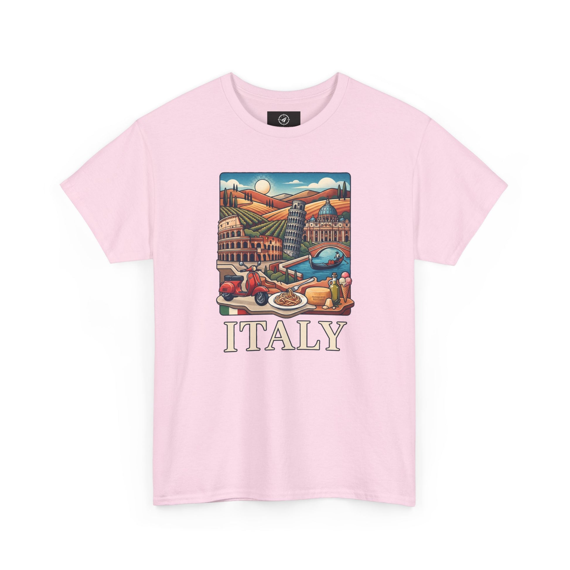 Light pink Italy scenic graphic T-shirt with city illustration and "ITALY"