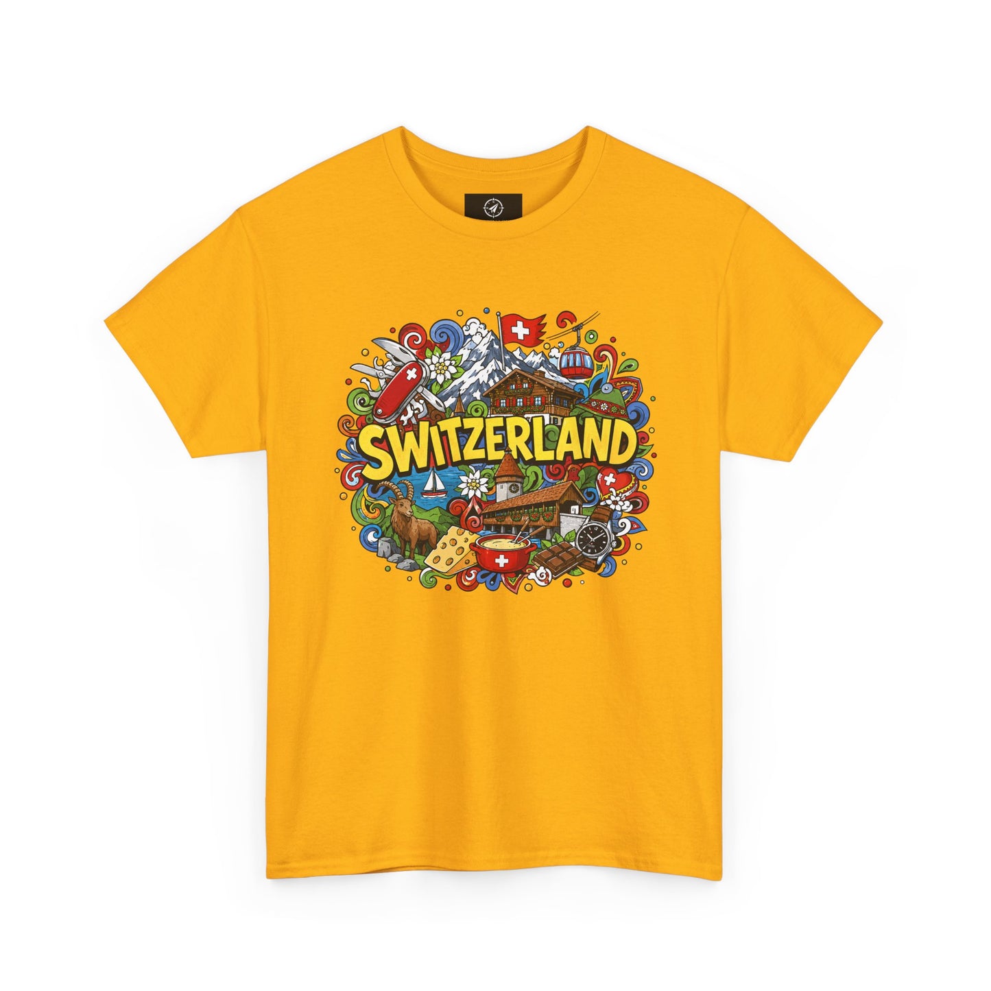 Men's travel T-shirt in mustard yellow with colorful Swiss-themed "SWITZERLAND" graphic