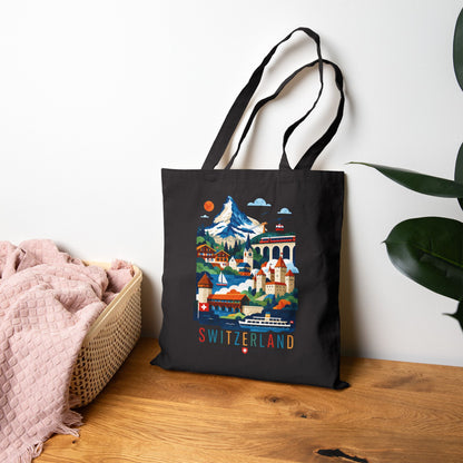 Black tote bag with colorful Switzerland scenic print and handles
