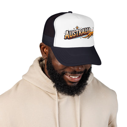 Black and white trucker hat with curved brim, mesh back, and Australia logo patch.