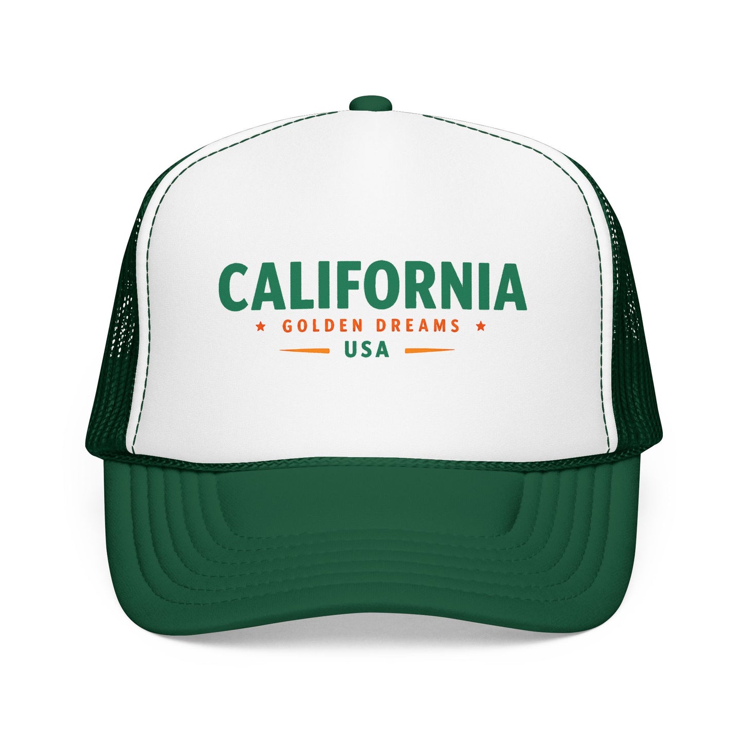 Two-tone trucker hat with white front, dark green mesh sides, and green “California” logo