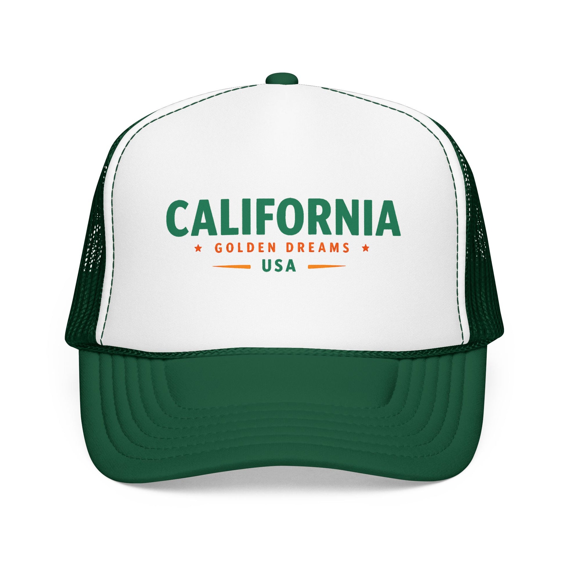 Two-tone trucker hat with white front, dark green mesh sides, and green “California” logo