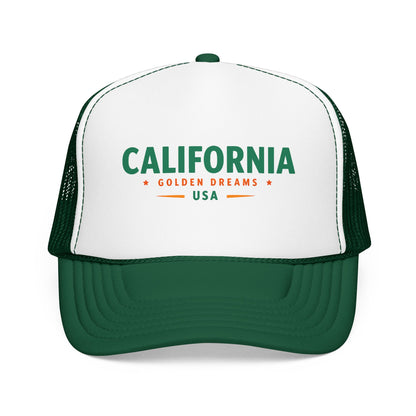 Two-tone trucker hat with white front, dark green mesh sides, and green “California” logo