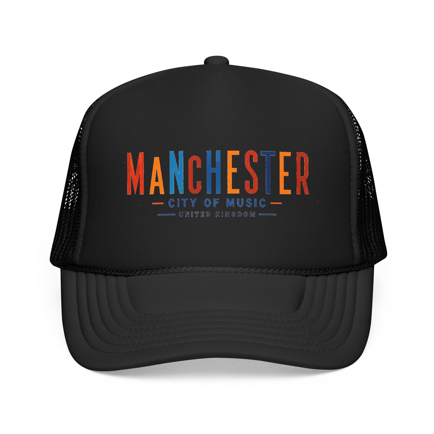 Black trucker hat with mesh sides and curved brim; Manchester City of Music logo in orange/blue.