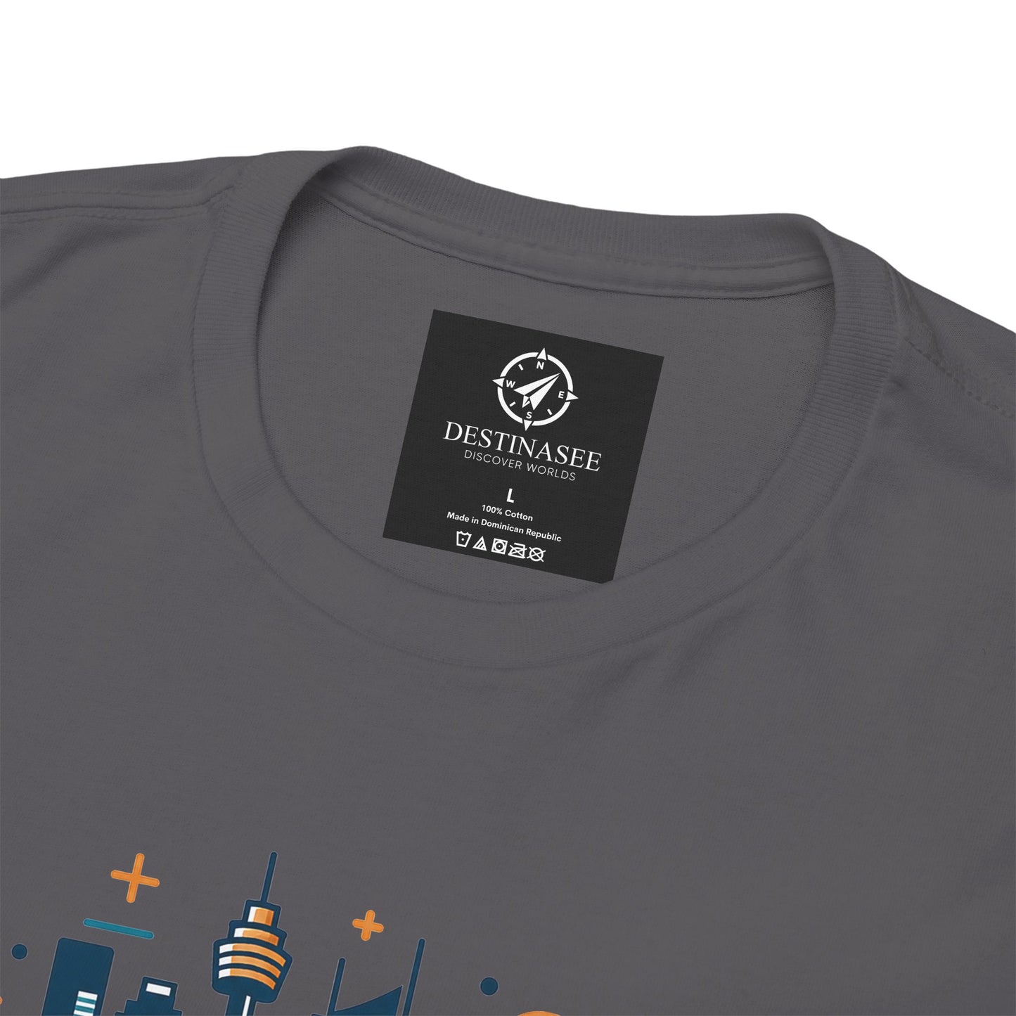 Charcoal T-shirt with black neck label and partial cityscape graphic
