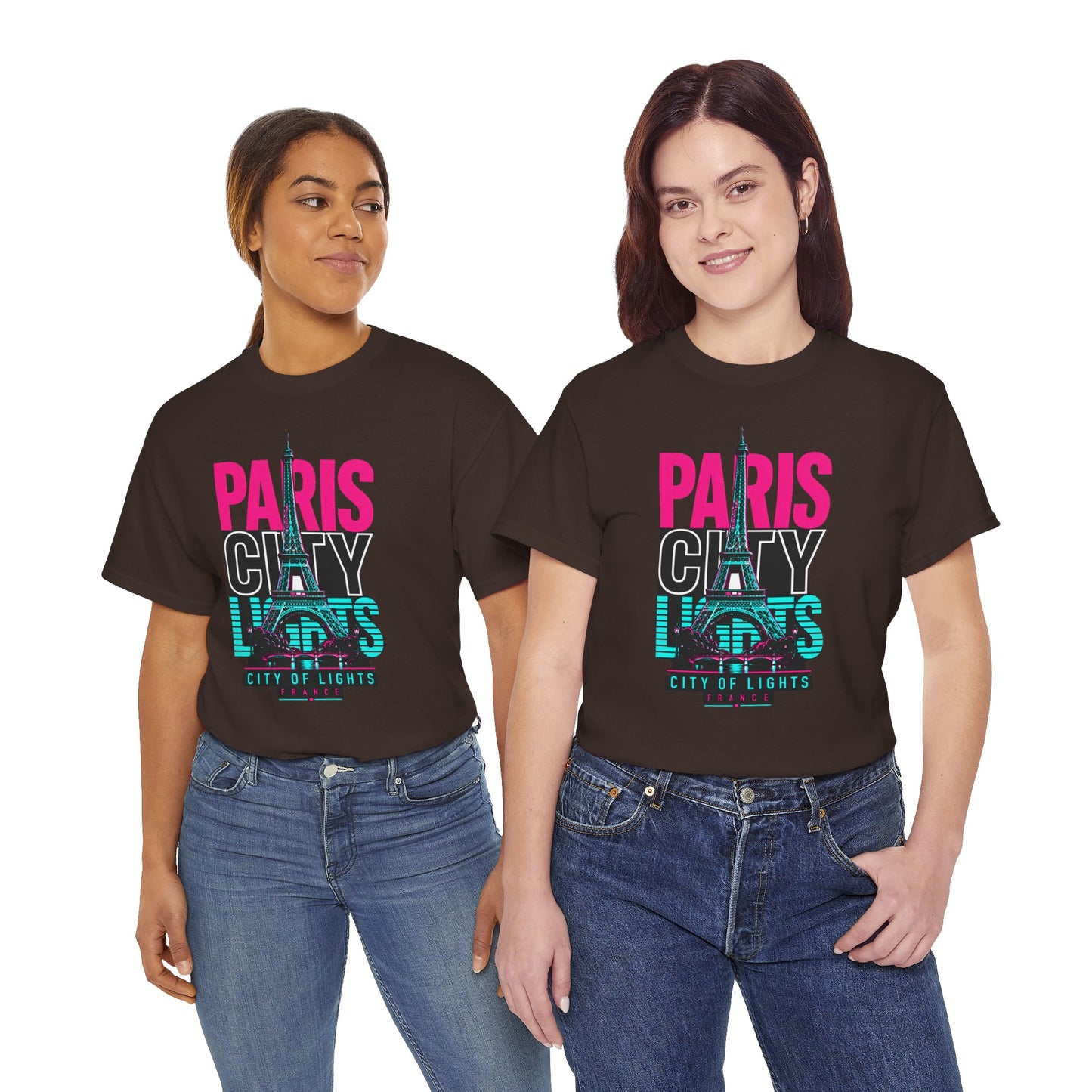 Crew-neck T-shirt, black with neon-style “Paris City of Lights” Eiffel Tower graphic