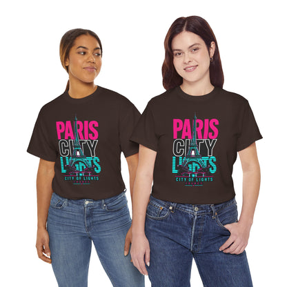 Crew-neck T-shirt, black with neon-style “Paris City of Lights” Eiffel Tower graphic