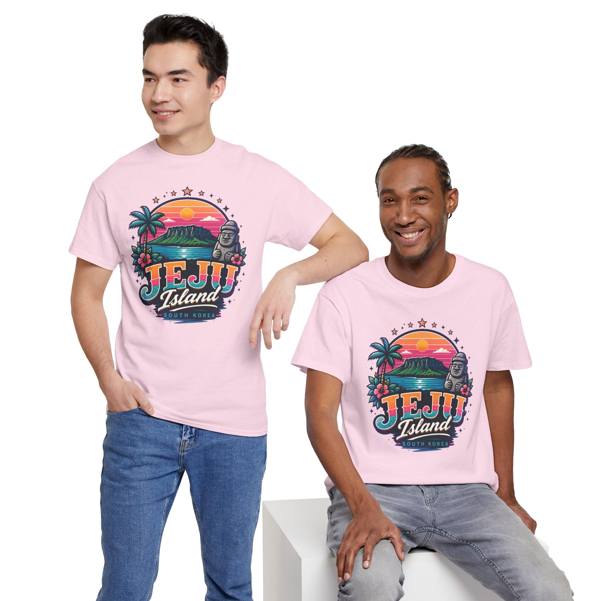 Pink T-shirt with chest island sunset graphic, worn by two people