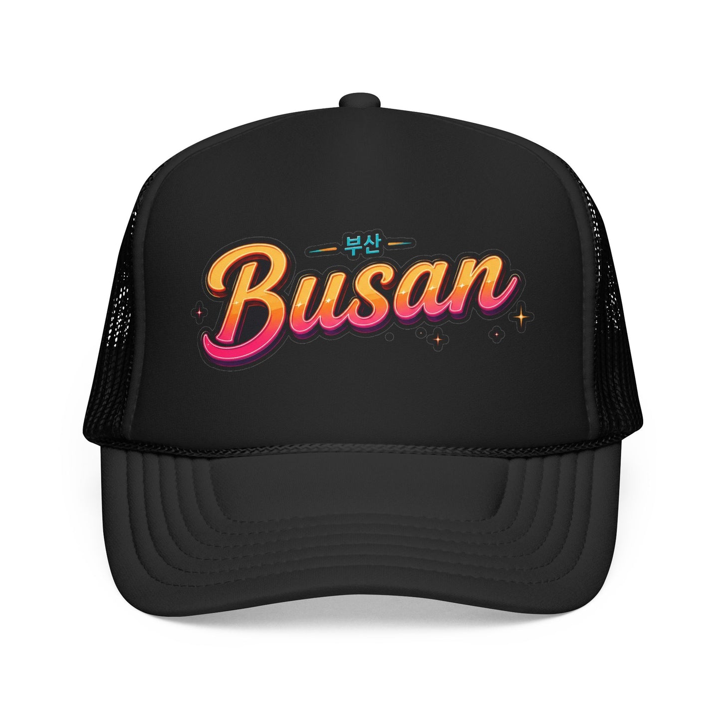 Black trucker hat with front Busan logo and black mesh side panels