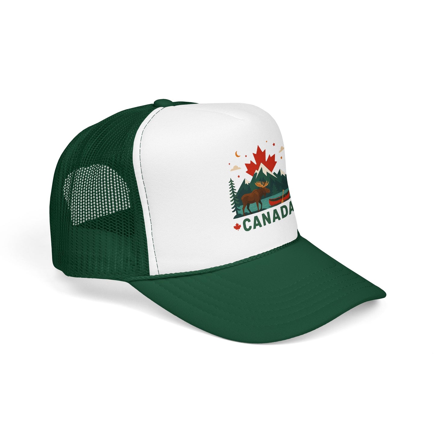 Green and white trucker hat with mesh side panels and Canada graphic on front
