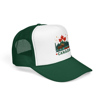 Green and white trucker hat with mesh side panels and Canada graphic on front