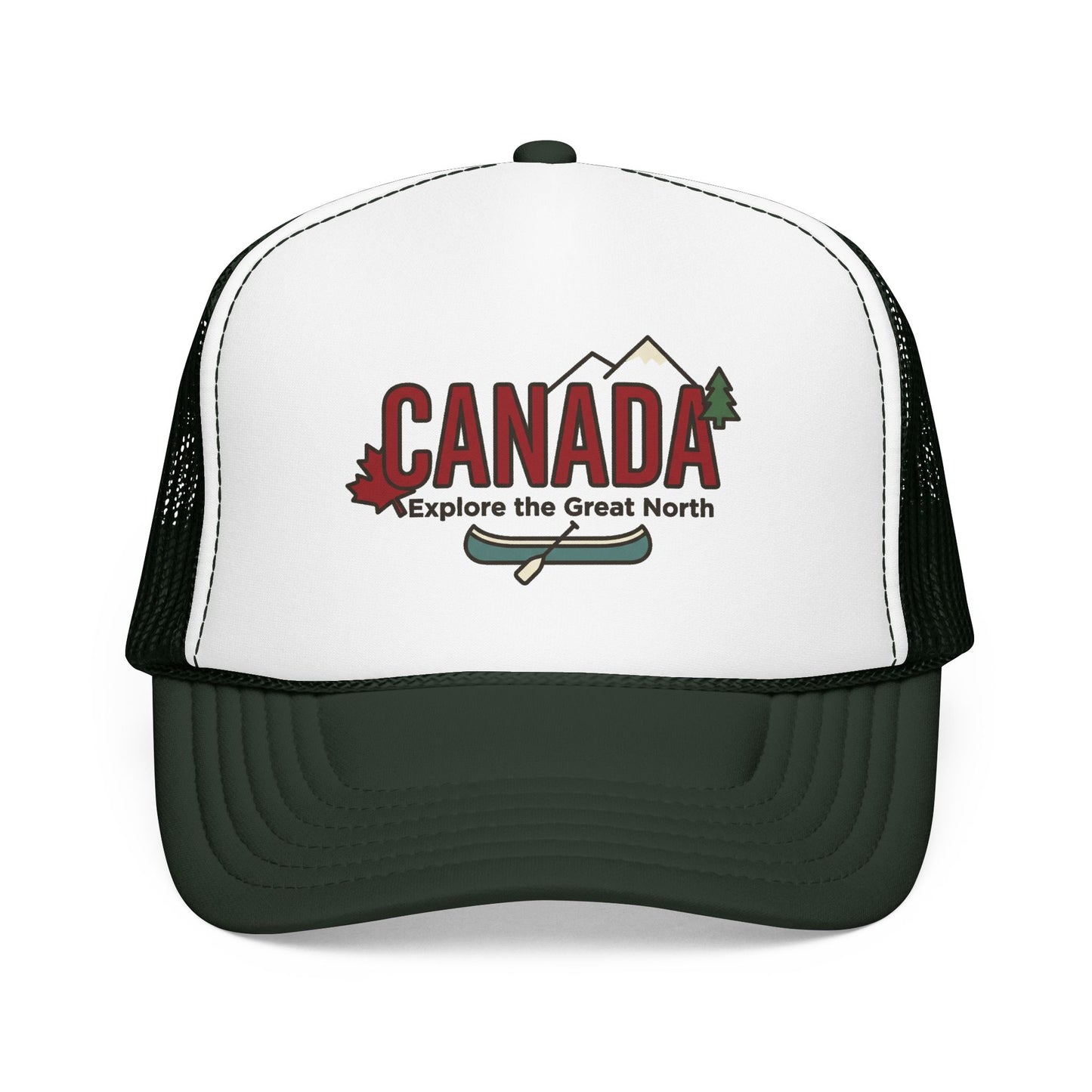 White and dark green foam trucker hat with Canada graphic front and black mesh.