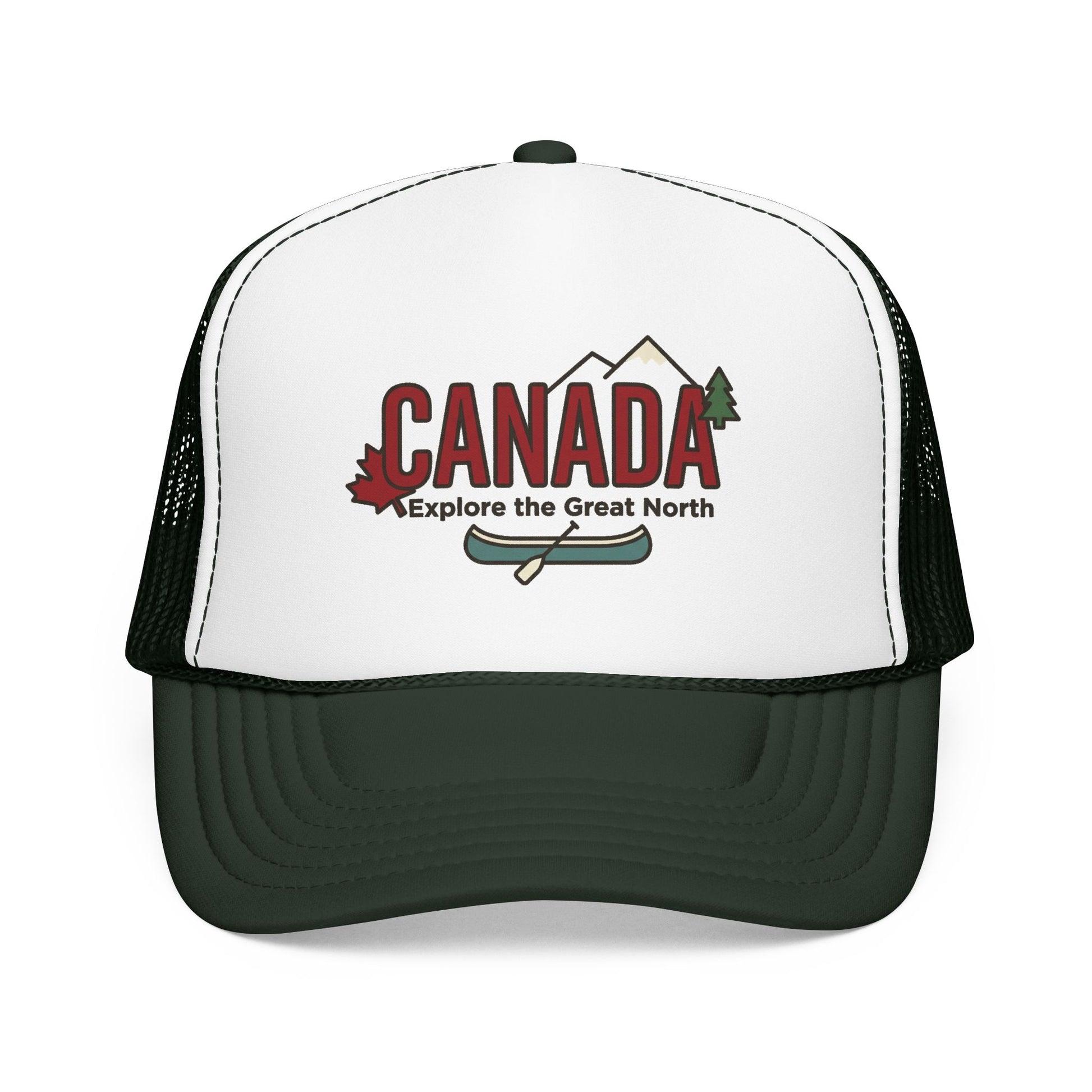 White and dark green foam trucker hat with Canada graphic front and black mesh.
