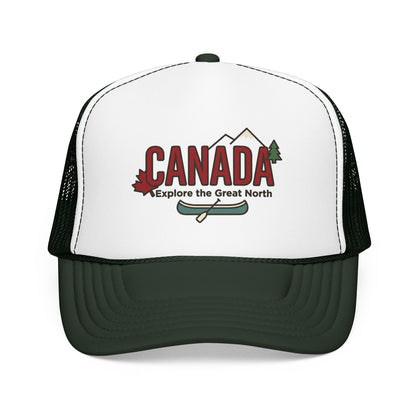 White and dark green foam trucker hat with Canada graphic front and black mesh.