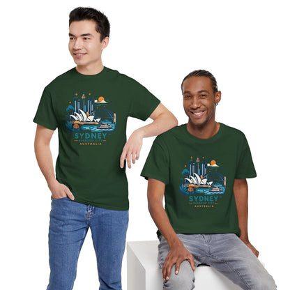Forest green Sydney cityscape graphic T-shirt with crew neck and short sleeves