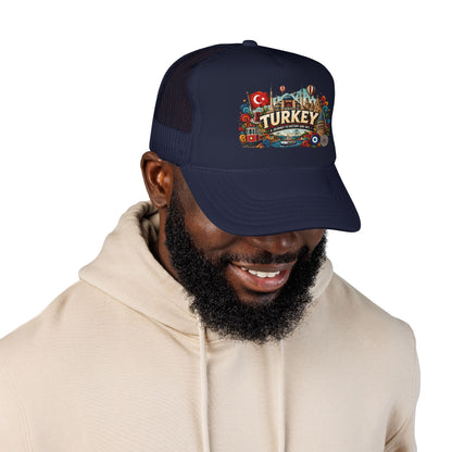 Navy trucker hat worn on a person, front Turkey emblem patch visible
