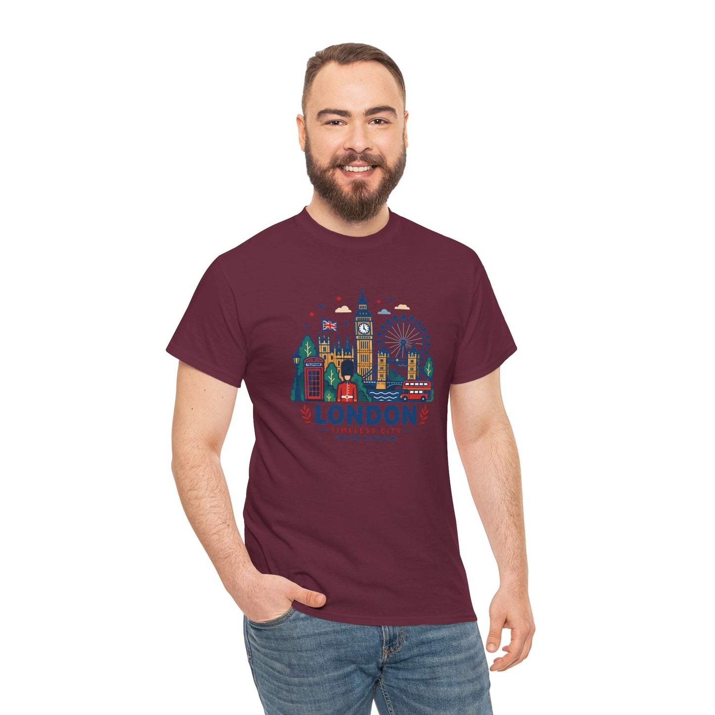 Maroon London skyline graphic T-shirt, crew neck, short sleeves