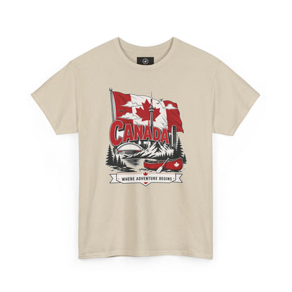 Beige Canada graphic T-shirt with canoe-and-maple leaf illustration at center