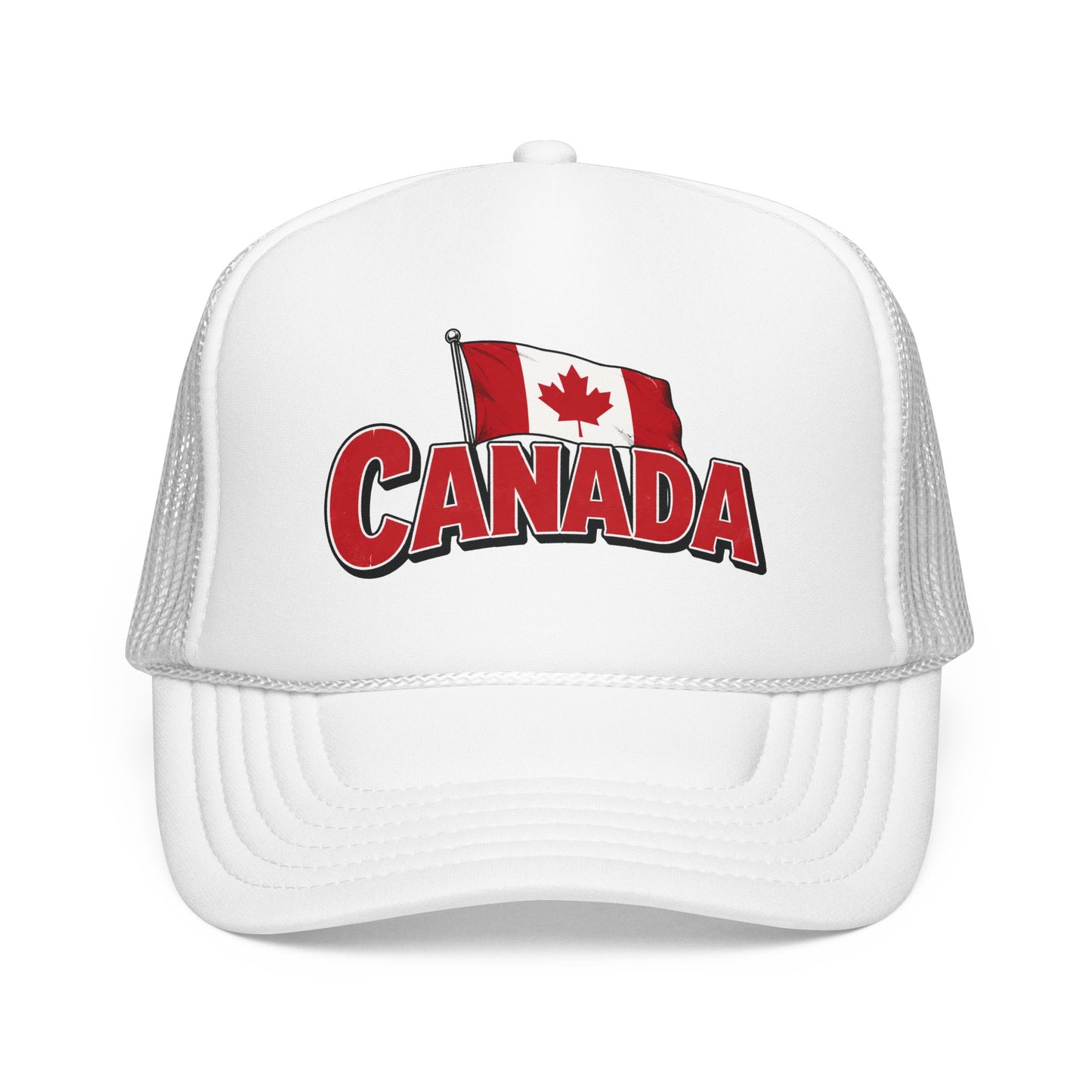 White trucker hat with Canada flag patch and red “CANADA” logo on the front panel.