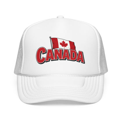 White trucker hat with Canada flag patch and red “CANADA” logo on the front panel.