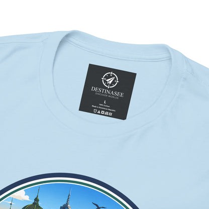 Australia-themed travel T-shirt in light blue, neck label and top of graphic (close-up)
