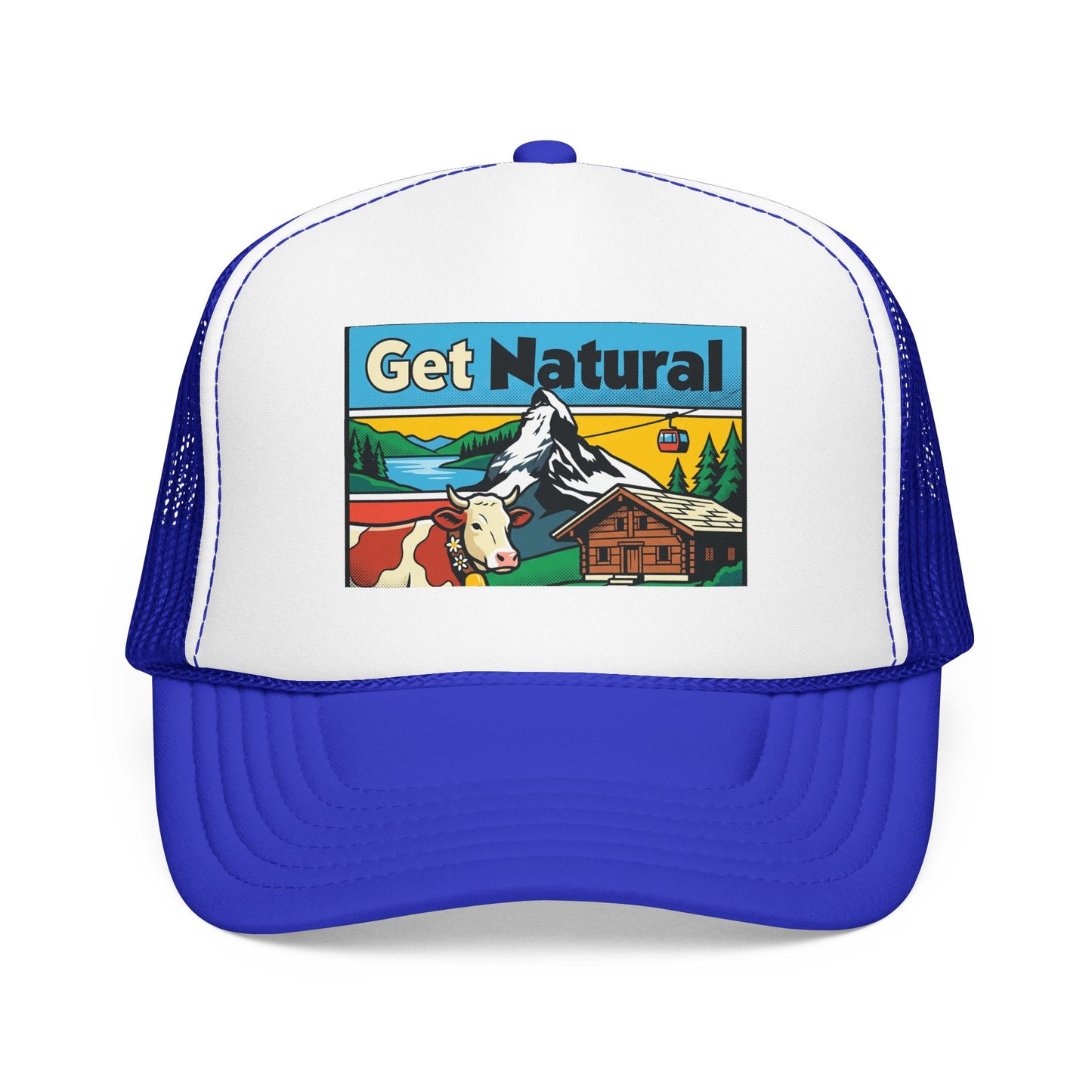 Get Natural trucker hat with Swiss landscape patch, white front and royal blue brim with blue mesh.