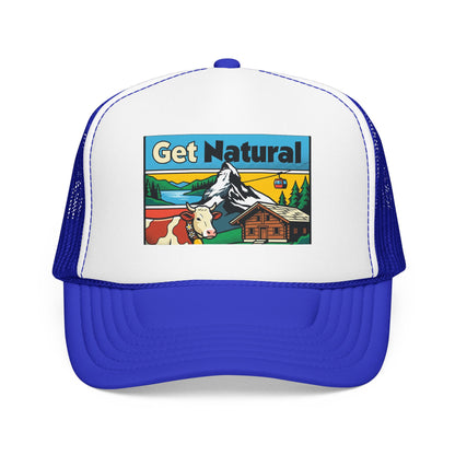 Get Natural trucker hat with Swiss landscape patch, white front and royal blue brim with blue mesh.