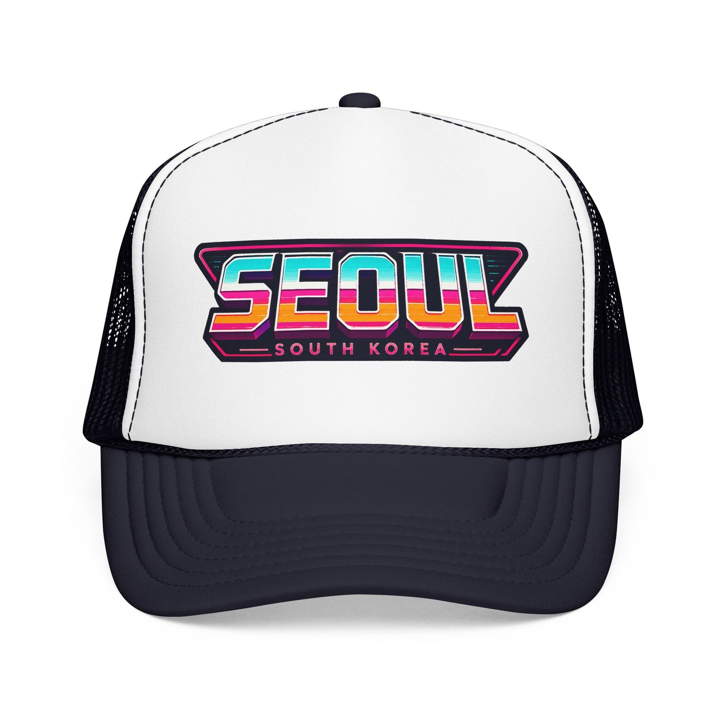 White and dark navy trucker hat with SEOUl South Korea logo patch on front