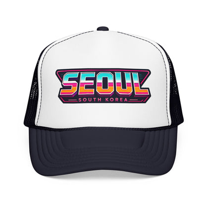 White and dark navy trucker hat with SEOUl South Korea logo patch on front