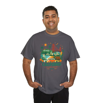 Charcoal T-shirt with colorful city skyline graphic and multicolor text