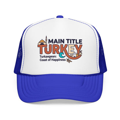 White foam trucker hat with royal blue brim and blue mesh sides, front Turkey logo.