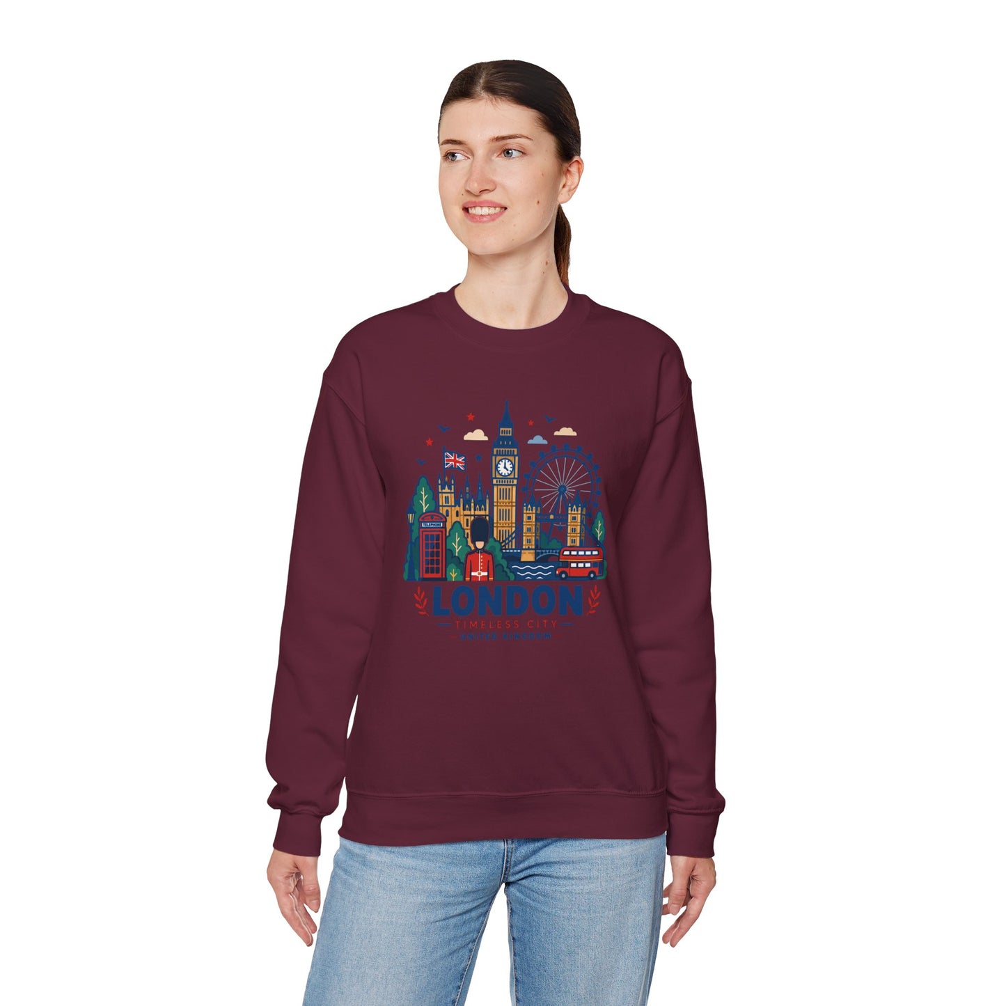 Maroon crewneck sweatshirt with colorful London skyline front print