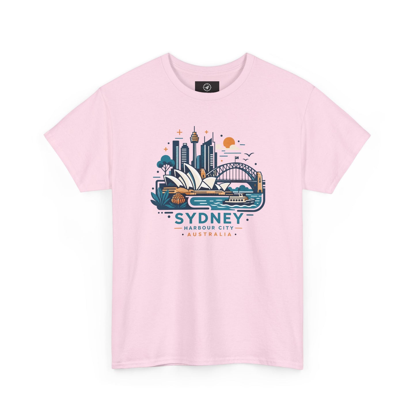 Pink short-sleeve t-shirt with Sydney cityscape graphic on the chest
