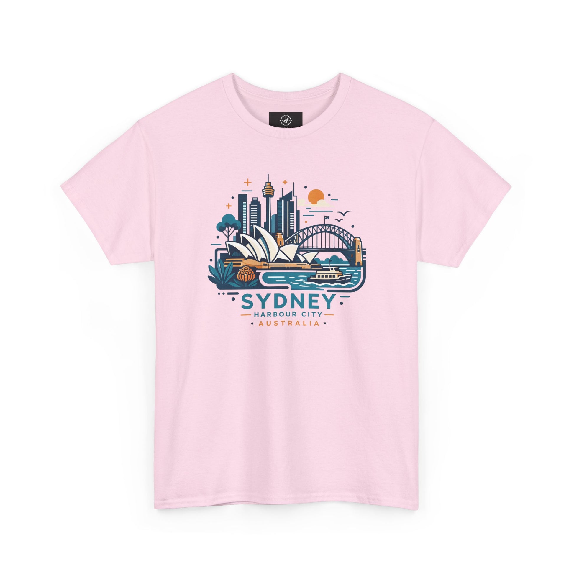Pink short-sleeve t-shirt with Sydney cityscape graphic on the chest