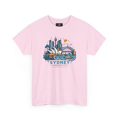 Pink short-sleeve t-shirt with Sydney cityscape graphic on the chest