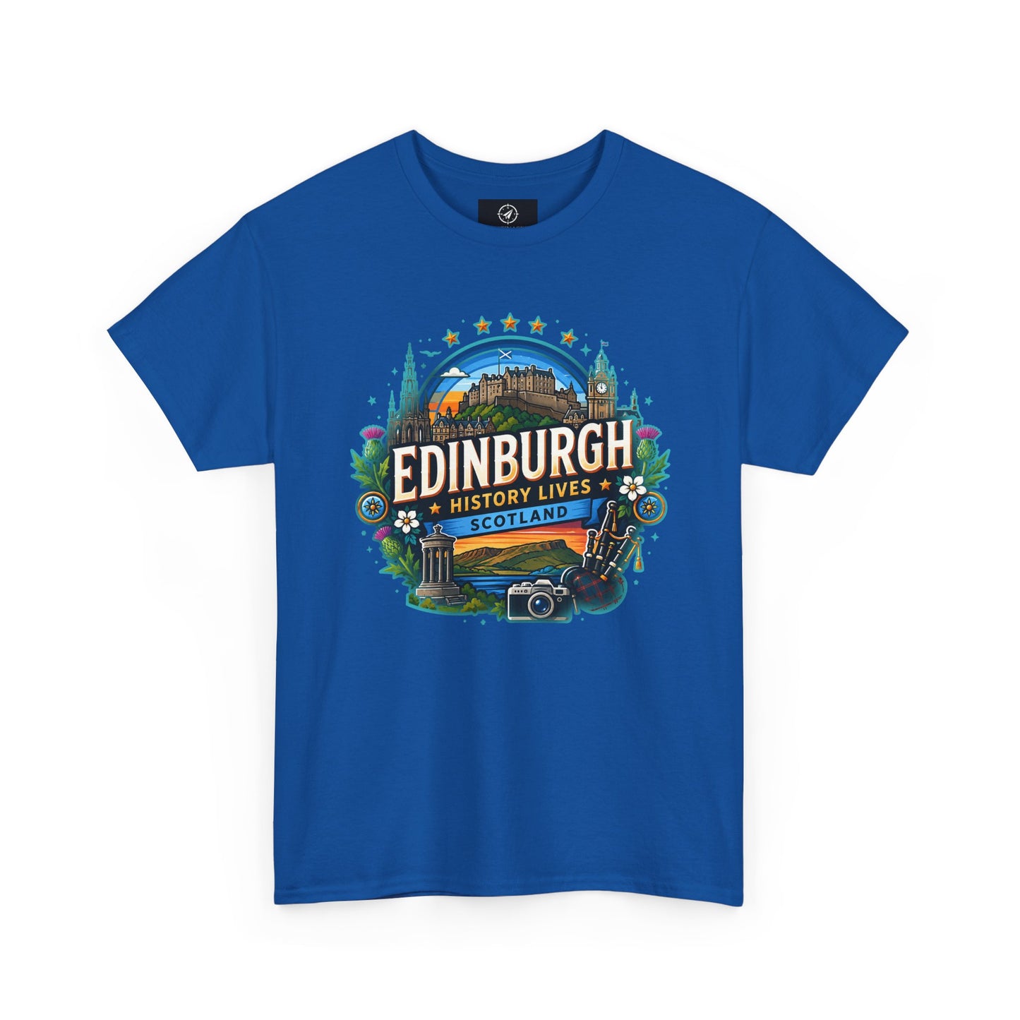 Royal blue crew-neck travel T-shirt with colorful Edinburgh graphic on the front
