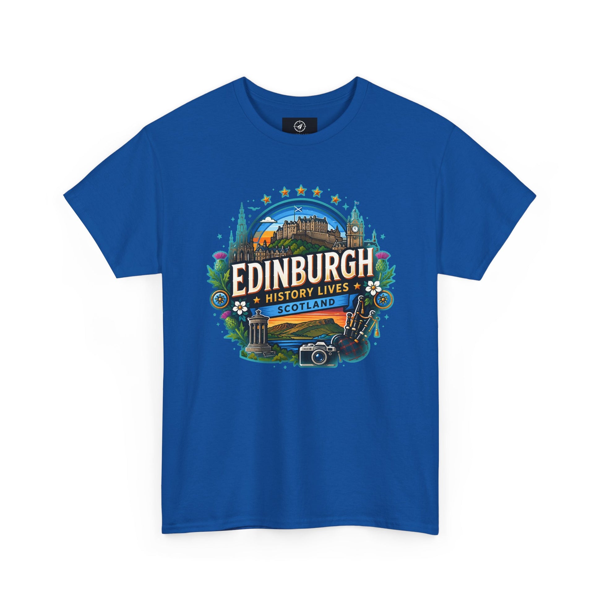 Royal blue crew-neck travel T-shirt with colorful Edinburgh graphic on the front