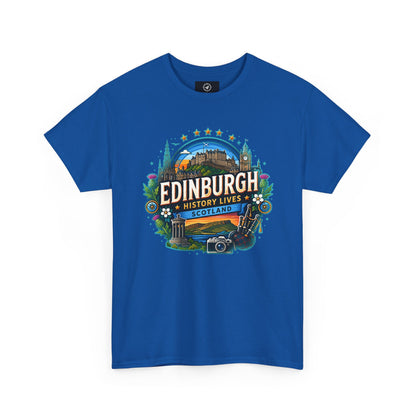Royal blue crew-neck travel T-shirt with colorful Edinburgh graphic on the front